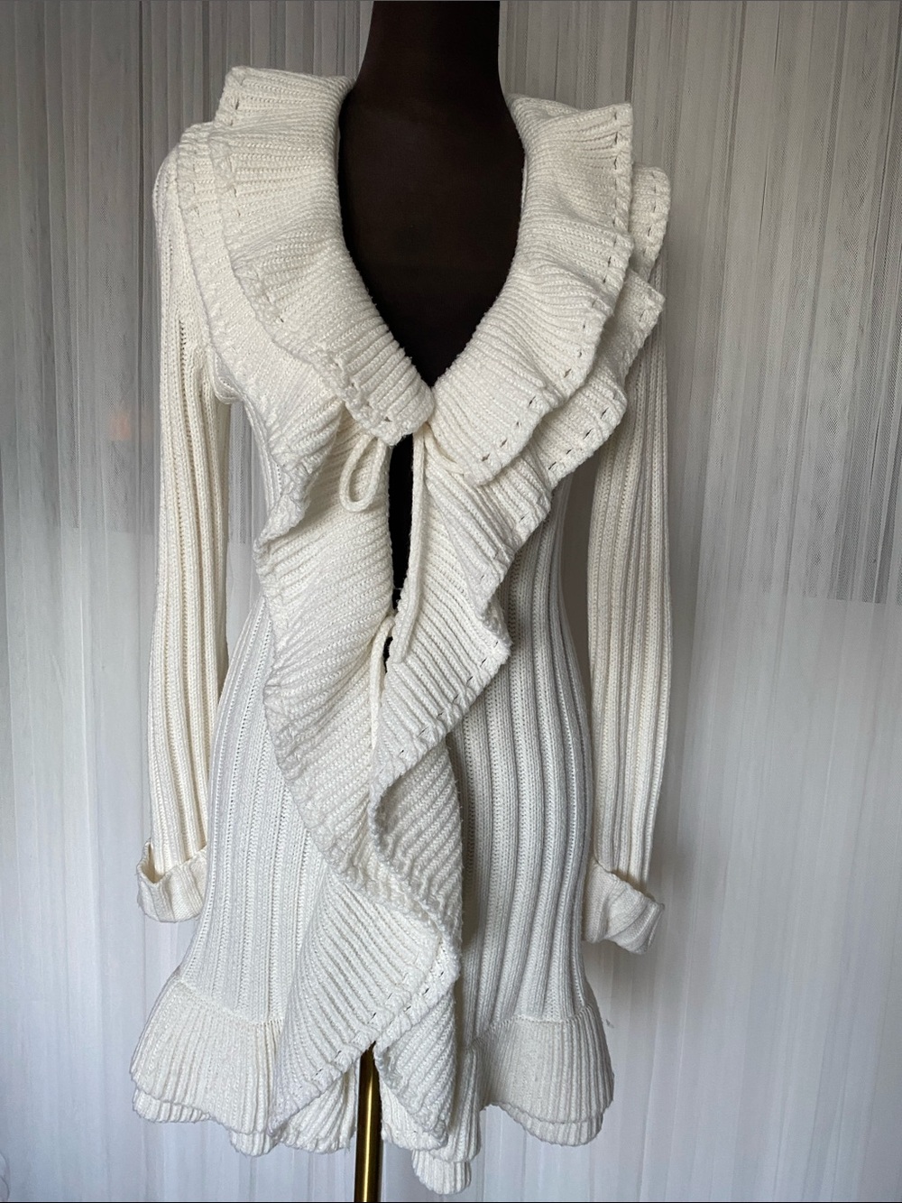 Alfani Cascade Ruffled Open-Front Knit Ribbed Cardigan Sweater - Cream Med